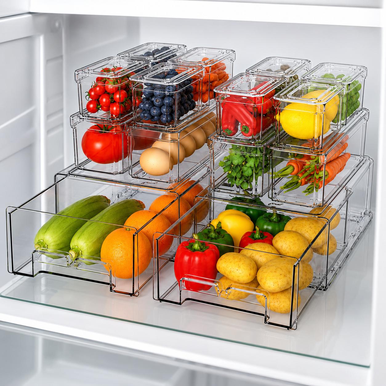 Food Storage Without Pantry - Stapelbare koelkastorganisatoren met deksels, transparante uittrekbare